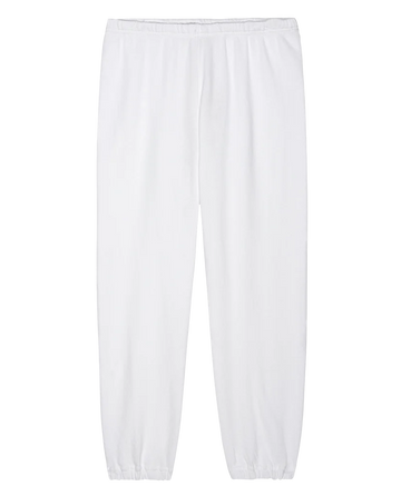The Stadium Sweatpant from THE GREAT. FALL 24 KNITS is a tribute to vintage athletic wear, boasting an elastic waistband and cuffs. Handcrafted locally, these sweatpants are displayed against a white background in a stylishly plain True White.