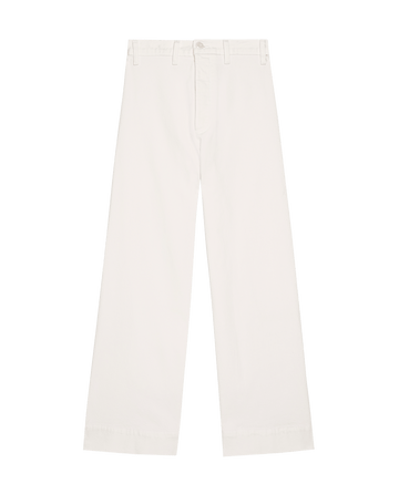 The Seafair Jean in True White by THE GREAT. SP25 D1 boasts a wide-leg style with button closure and belt loops, making it perfect for any trendy outfit.