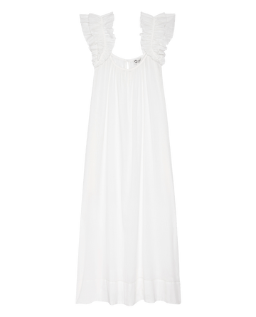 The Ruffle Coverup in white by THE GREAT. SP25 SWIM features fashion-forward ruffle shoulder straps, a gathered neckline, and a loose floor-length silhouette—ideal as a breezy beach coverup.