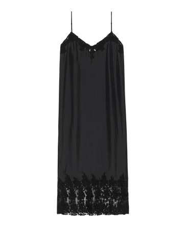 The Legacy Dress in black by THE GREAT. SP25 COLLECTORS boasts elegant fashion with delicate lace detailing along the top and hem, plus thin spaghetti straps, making it a timeless designer piece oozing sophistication and allure.