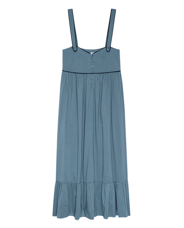 The Western Tank Night Dress - Blue Dusk by THE GREAT. SP25 SLEEP features wide shoulder straps, a buttoned bodice, gathered waist, and ruffled hem—ideal for chic Western-inspired nights.