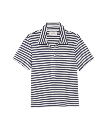 The Lacrosse Polo by THE GREAT. SP25 POLO LOUNGE in Vintage Blue Stripe is a short-sleeved shirt with navy and white horizontal stripes, a wide collar, and button placket—ideal for sports apparel enthusiasts.