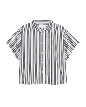 Introducing The Valor Top by THE GREAT. SP25 POPLIN: a short-sleeved, button-up shirt in Parchment Stripe with vertical black and white stripes, a mandarin collar, and cropped fit. This chic piece is ideal for stylish versatility in women's clothing.