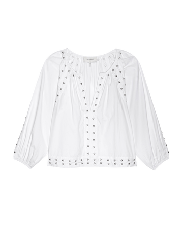 The Bodega Top with Studs by THE GREAT. SP25 POPLIN is a chic white blouse featuring three-quarter sleeves, a v-neck, and metal eyelet details on seams and neckline, adding fashion-forward style for any occasion.