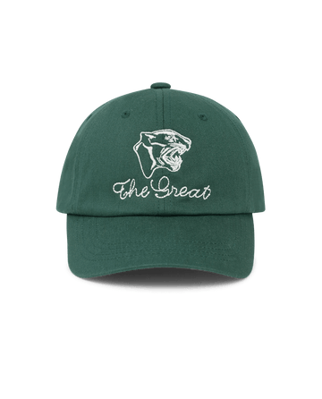 The GREAT. Baseball Hat in green cotton features vintage panther head embroidery above "The Great" on the front.