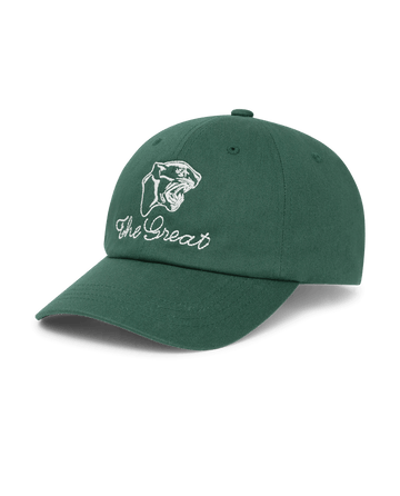 The Baseball Hat. Graphic -- Green by THE GREAT. F25 D1 ACCESSORIES is a green cotton cap with vintage-style embroidery of a roaring panther and "The Great" on the front.