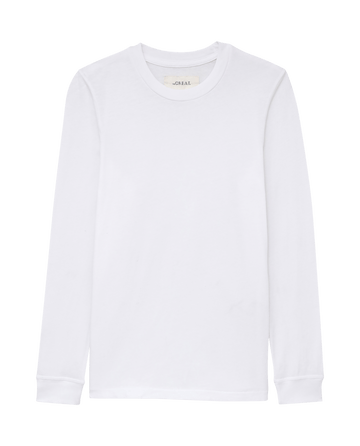 The Long Sleeve Slim Tee in Solid True White by THE GREAT. F25 CORE KNITS, made from 100% cotton, is laid flat on a white background.
