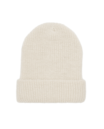 THE GREAT. HOL 24 BIRKENSTOCK "The Natural Alpaca Beanie" in Cream is a vintage-style knit beanie crafted from undyed yarn, featuring a folded brim and shown against a white background.