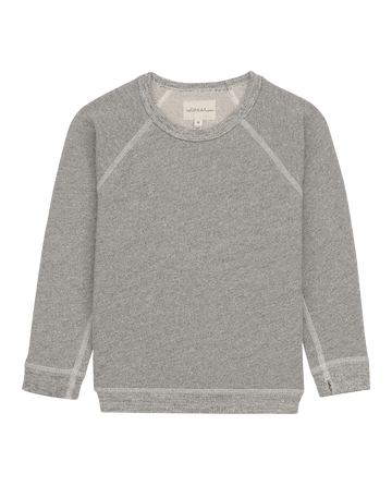 The Little College Sweatshirt in Varsity Grey by THE GREAT. FALL21 D2 LITTLE, crafted from soft cotton with visible stitching and a simple design, lays flat against a plain background. Made in the U.S.A., it combines comfort and style for any casual day out.