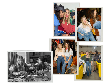 A collage of four photos shows two women shopping for vintage clothing, sorting through racks, holding jeans, and posing together in various settings.
