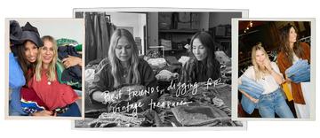 Three images show pairs of women sorting and holding vintage clothing items, with a handwritten caption in the center reading, "Best friends digging for vintage treasures.