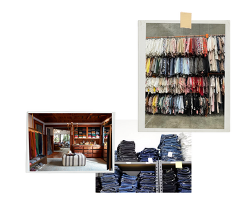 A collage showing a clothing store interior, a rack with various hanging shirts, and shelves with folded jeans.