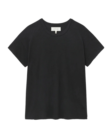 The Boxy Crew by THE GREAT. CORE KNITS is a solid "Almost Black," 100% cotton, short-sleeve T-shirt with a round neckline, made in the U.S.A.
