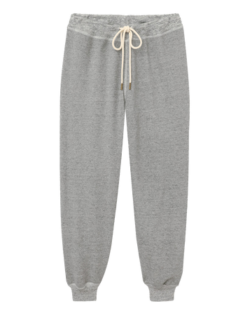 A pair of "The Cropped Sweatpant. Solid -- Varsity Grey" from THE GREAT. CORE KNITS, featuring a white drawstring waistband and ribbed cuffs.