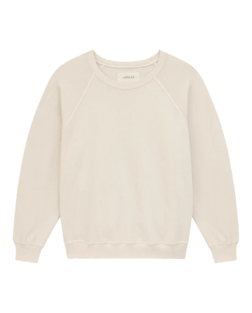A vintage-inspired washed white sweatshirt from THE GREAT. CORE KNITS, known as The Shrunken Sweatshirt, featuring cropped sleeves and a classic crew neckline, laid flat.