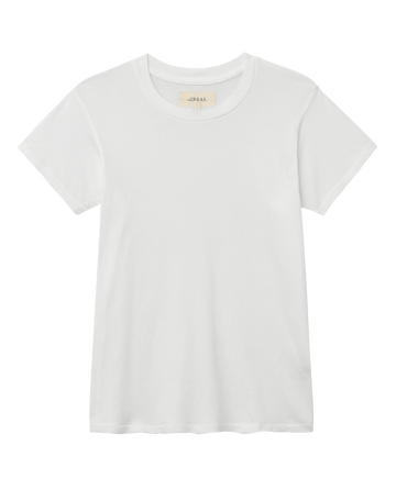 The Slim Tee in True White by THE GREAT. CORE KNITS is a solid, short-sleeve crew neck t-shirt made in the USA, shown laid flat.