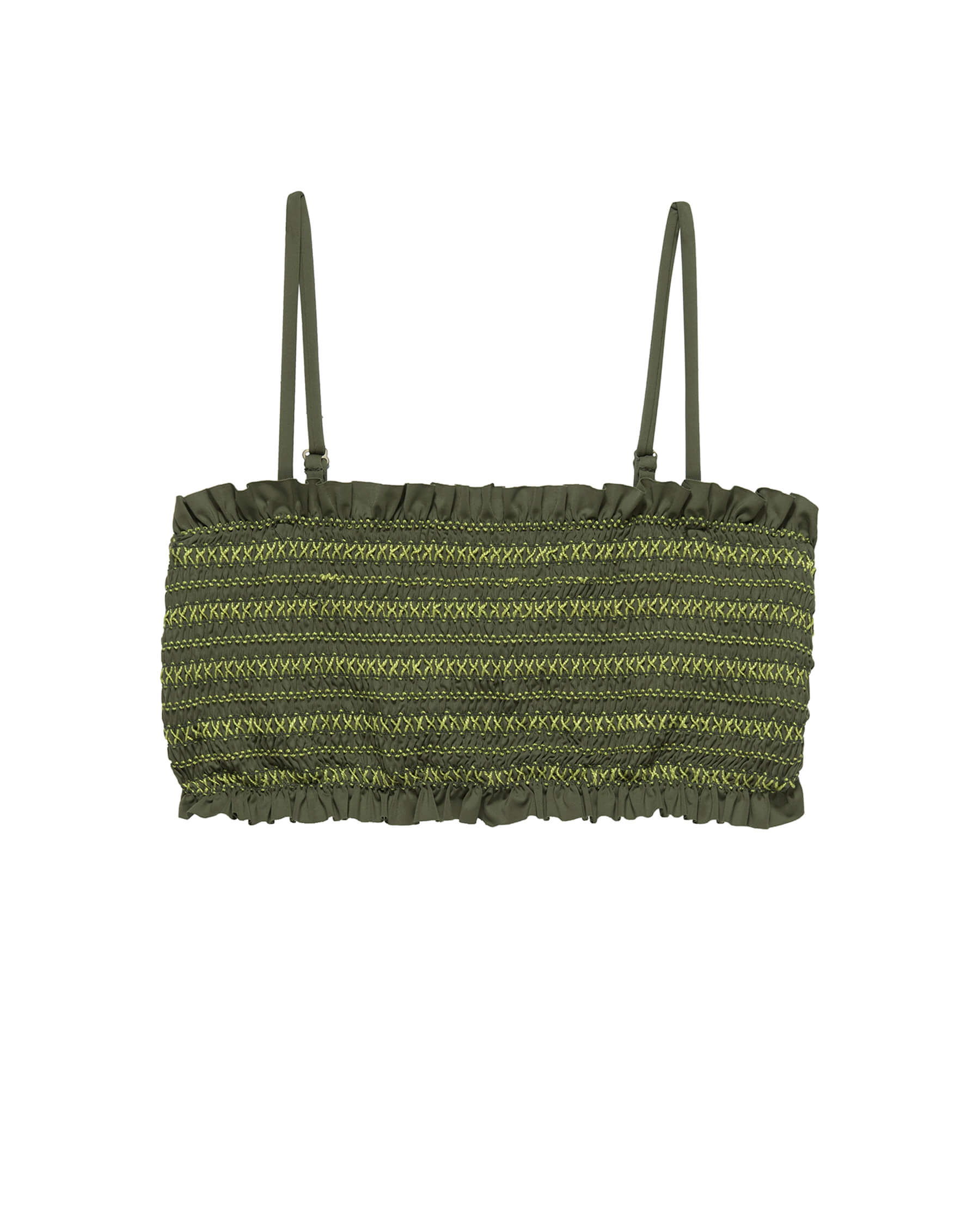 black smocked bandeau bikini top