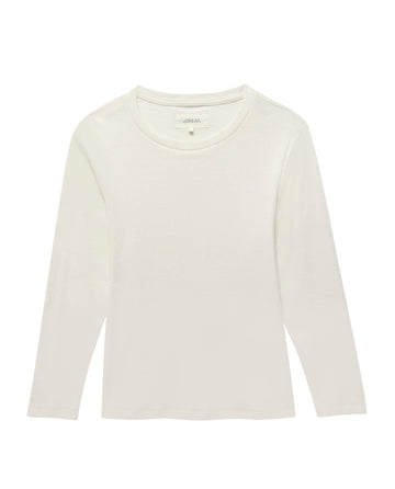The Long Sleeve Recycled Slim Crew in Natural by THE GREAT. HOL 22 D1 is a supersoft, lightweight, plain white T-shirt with long sleeves and a round neckline. Made from a recycled cotton blend, it is displayed against a white background.