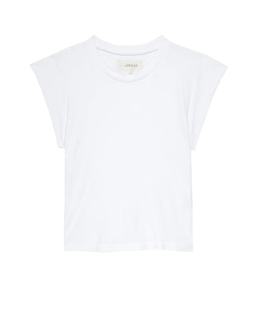 A plain white "The Peak Shoulder Tee - True White" by THE GREAT. FALL 22 KNITS with a classic crewneck fit, laid flat against a white background.