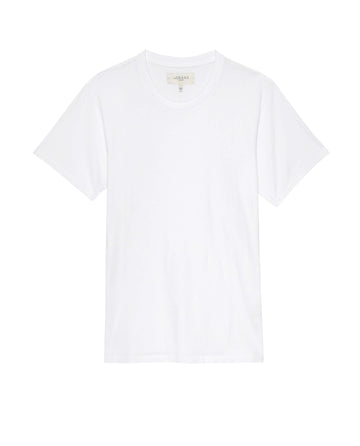 The Men's Boxy Crew in TRUE WHITE by THE GREAT. MAN, a plain white short-sleeve cotton tee that's effortlessly cool and a classic staple, is displayed against a white background.