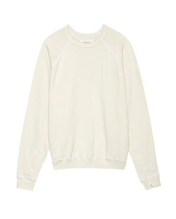The Men's College Sweatshirt in Washed White from THE GREAT. MAN is laid flat against a white background, showcasing its vintage appeal with a timeless design and made from 100% cotton for ultimate comfort.