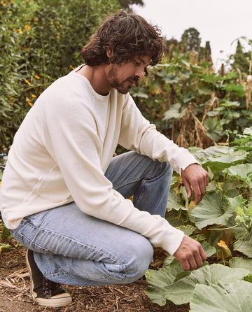 A man with curly hair and a beard, wearing The Men's College Sweatshirt in washed white by THE GREAT. MAN and jeans, crouches in a garden while inspecting a plant.