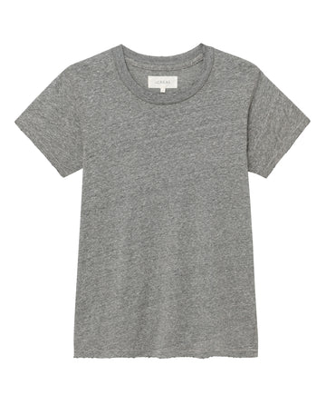 The Slim Tee in Heather Grey by THE GREAT. CORE KNITS, a narrow-fit short-sleeve t-shirt with a classic crew neckline, is displayed on a white background.