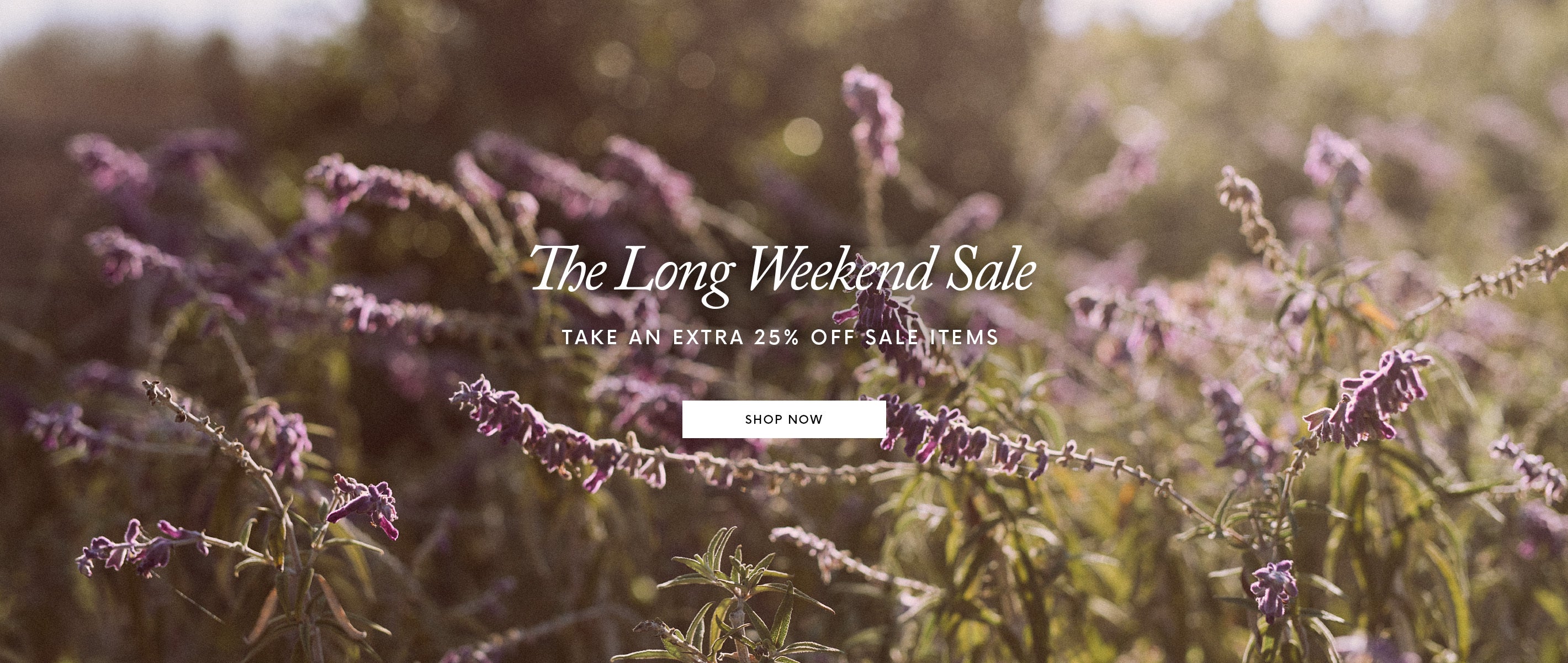 Field of purple flowers with sunlight in the background; overlaid text reads "The Long Weekend Sale, Take an extra 25% off sale items" and a "Shop Now" button.
