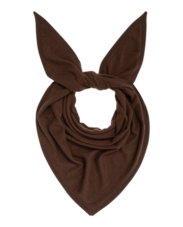 THE GREAT. H25 CASHMERE The Cashmere Kerchief Scarf in Chocolate, tied in a knot with two ends pointed upward like bunny ears, displayed on a white background.