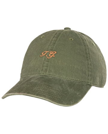 The Classic Baseball Hat - Army by THE GREAT. H25 BRIGHT FLEECEBACK features an olive green color, curved brim, small yellow "T.G." vintage-inspired embroidery, and an adjustable back for comfort.