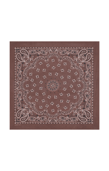 The Silk Bandana in Chocolate by THE GREAT. CARRYOVER features a white paisley and floral pattern on lightweight brown fabric, shown laid flat on a white background.