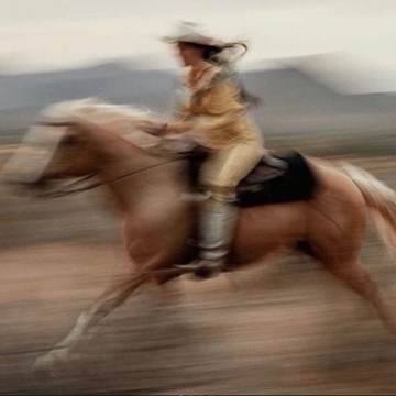 A person in cowboy attire rides a galloping horse at high speed across a blurred landscape.