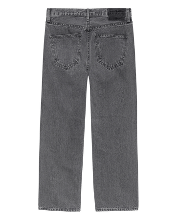 Back view of THE GREAT. F25 D2 The Wayne Jean in Graphite Wash with Clean Hem, straight-leg gray rigid cotton denim, rear pockets and belt loops, laid flat on a white background.