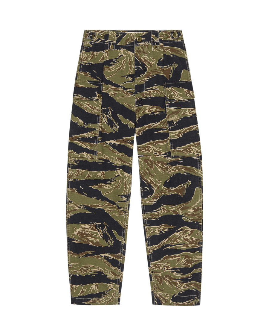The Convoy Pant -- Camo Surplus by THE GREAT. SU25: loose-fit men's pants in green, brown, and black tiger stripe camo, shown laid flat on black—versatile fashion apparel.