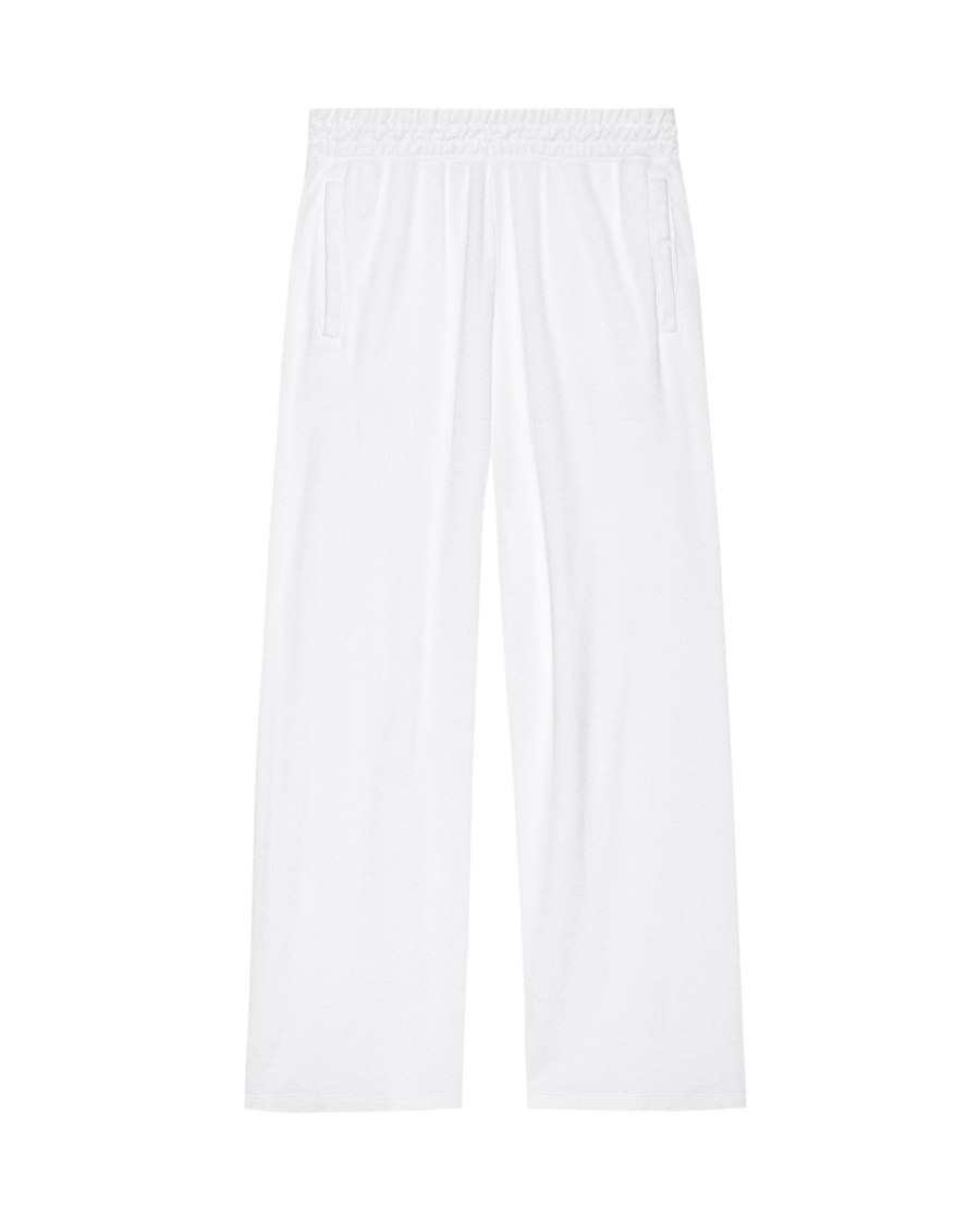 The Micro Terry Victory Sweatpant in True White by THE GREAT. SU25 MICRO TERRY features wide legs, soft microterry fabric, an elastic waistband, and side pockets, shown flat against a plain background.