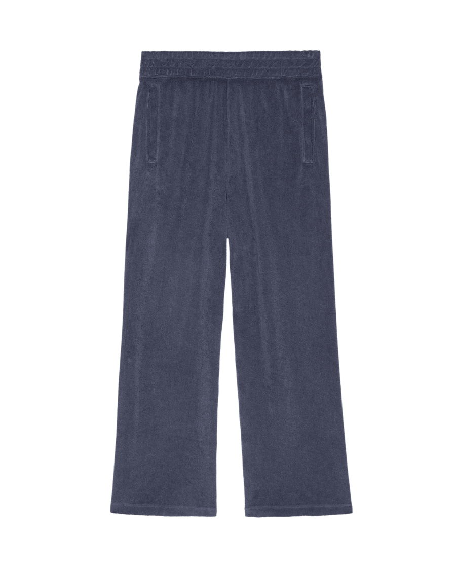 The GREAT. SU25 Micro Terry Victory Sweatpant in Vintage Blue features an elastic waistband and straight legs, shown flat on a white background.