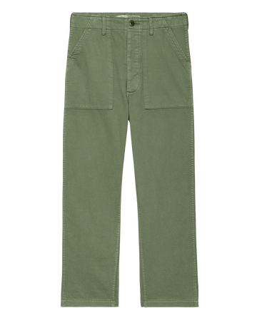 The Vintage Army Pant by THE GREAT. SP25 COLLECTORS features a classic olive green design with straight legs, front pockets, and button closure, displayed against a white background.