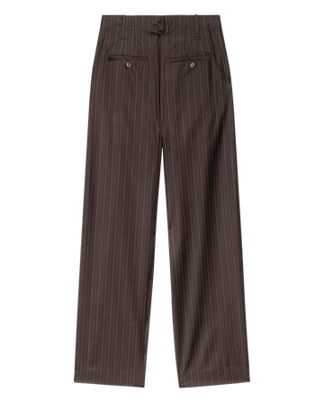 The Menswear Trouser. -- Chocolate Stripe by THE GREAT. F25 COLLECTORS features a brown pinstripe, high-rise wide-leg cut, tailored with two back buttoned welt pockets, belt loops, and a button waist closure, shown flat on a white background.