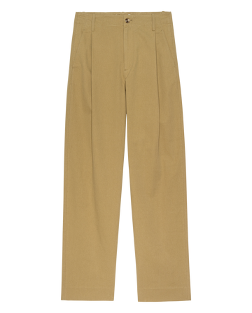 The Menswear Trouser in khaki by THE GREAT. PS26 COLLECTORS features a high-rise fit, straight legs, side pockets, front pleats, belt loops, and a button closure, shown laid flat on a white background.