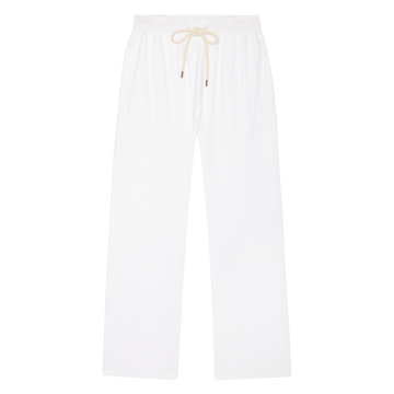 The Horseshoe Sweatpant in Solid True White by SP26 New Knits features a wide-leg silhouette and beige drawstring, shown laid flat on a white background.