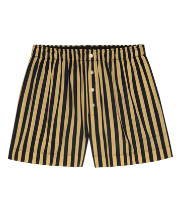 THE GREAT. SP26 D1 The Boxer Short in Khaki/Black Club Stripe features vertical stripes and a button fly, inspired by classic menswear, shown on a white background.