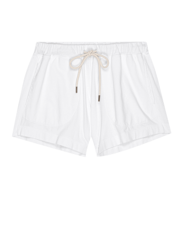 The Flutter Short in True White by THE GREAT. PF25 HEAVY JERSEY KNITS features an elastic waistband, beige drawstring, and front pockets. Made in Los Angeles from cotton; shown laid flat on a plain background.