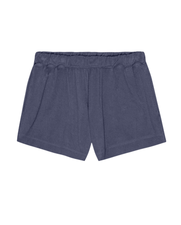 The Micro Terry Swing Short by THE GREAT. SU25 MICRO TERRY in Vintage Blue features an elastic waistband, relaxed fit, and soft microterry fabric, shown laid flat on a white background.