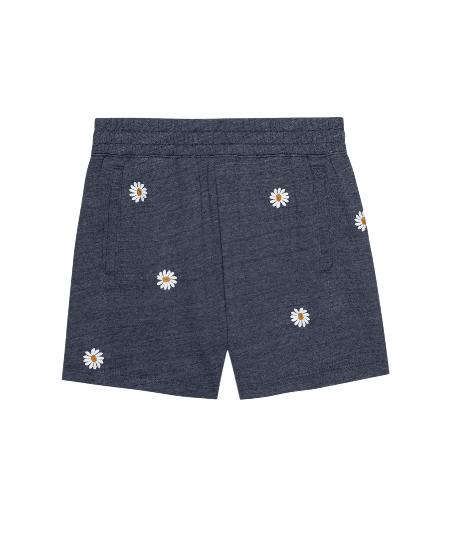The Victory Short by THE GREAT. SU25 in heathered vintage blue features floating daisy embroidery and offers an elastic waistband with side pockets.