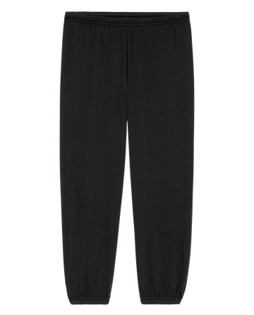 The Fleece Stadium Sweatpant in Almost Black by THE GREAT. H25 CORE FLEECEBACK, featuring an elastic waistband and cuffs, shown flat on a white background.