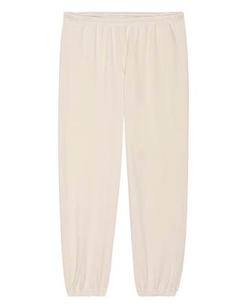 THE GREAT. H25 CORE FLEECEBACK "The Fleece Stadium Sweatpant" in Washed White, featuring an elastic waistband and cuffs, displayed flat on a white background.