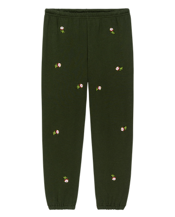 The Stadium Sweatpant. Embroidered -- Woodland Green With Embroidered Roses