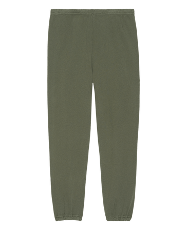 The Stadium Sweatpant in Heritage Army by THE GREAT. SU25 SEASONAL KNITS, featuring an elastic waistband and cuffs, is shown laid flat on a white background.