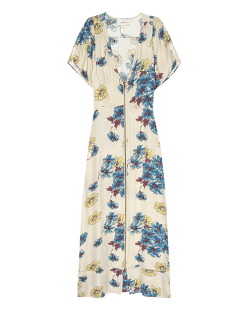The Laurel Dress by THE GREAT. PF25 features short sleeves, a cream base in Sungold Floral print with blue, yellow, and red flowers, a button-down front, and V-neckline.