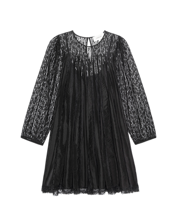 The Keepsake Lace Shift Dress by THE GREAT. H25 COLLECTION features elegant black lace, long sleeves, a round neckline, and sheer detailing—an ideal wardrobe keepsake shown on a white background.